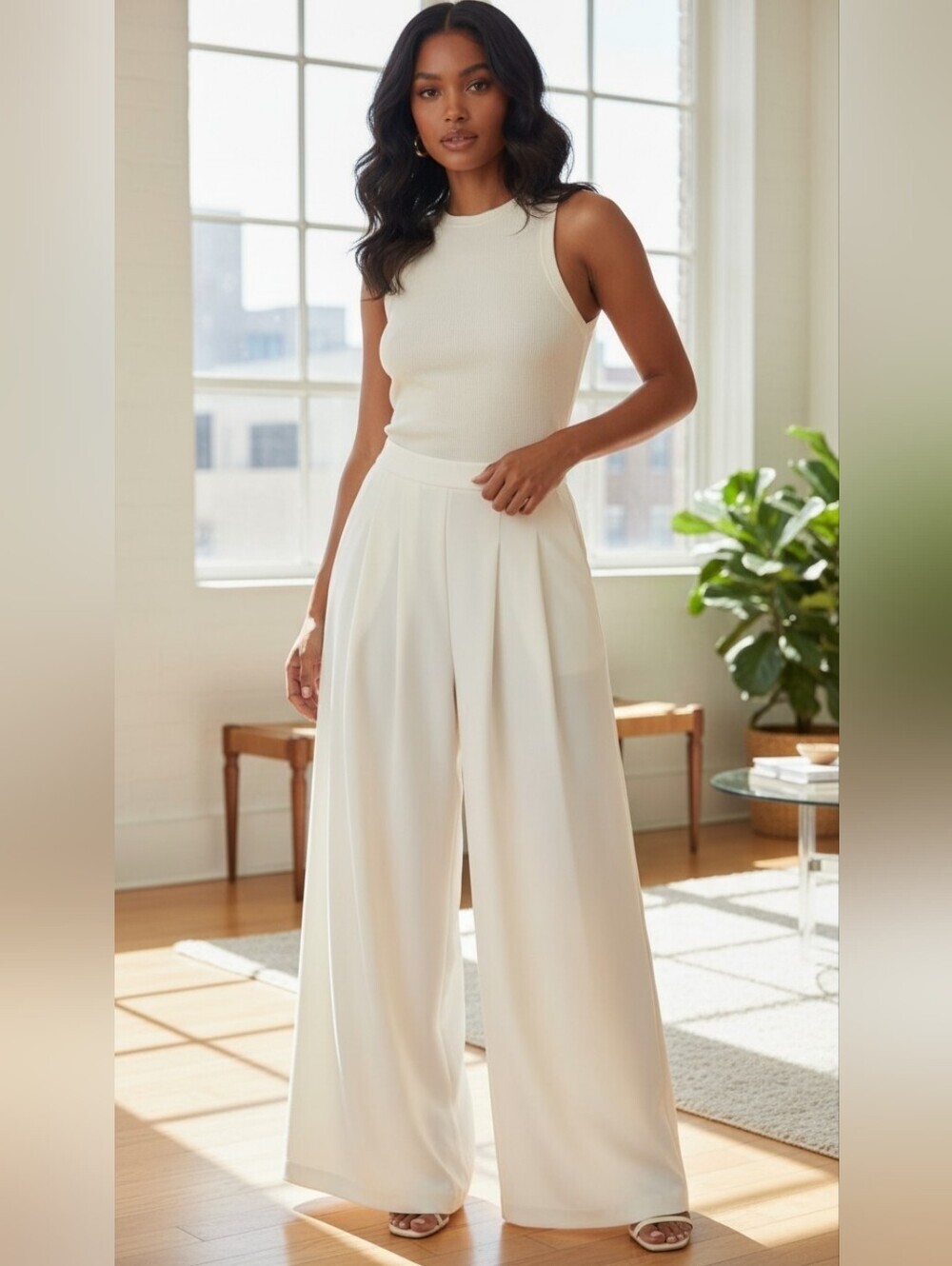 Ann Taylor Triple Pleat Palazzo  High-Waist Pants In Ivory Size 6